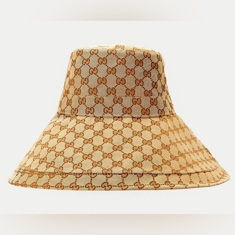 Beige Monogram Wide Brim Large Jacquard Canvas Bucket Hat Sun Coverage Beach New - Picture 13 of 16